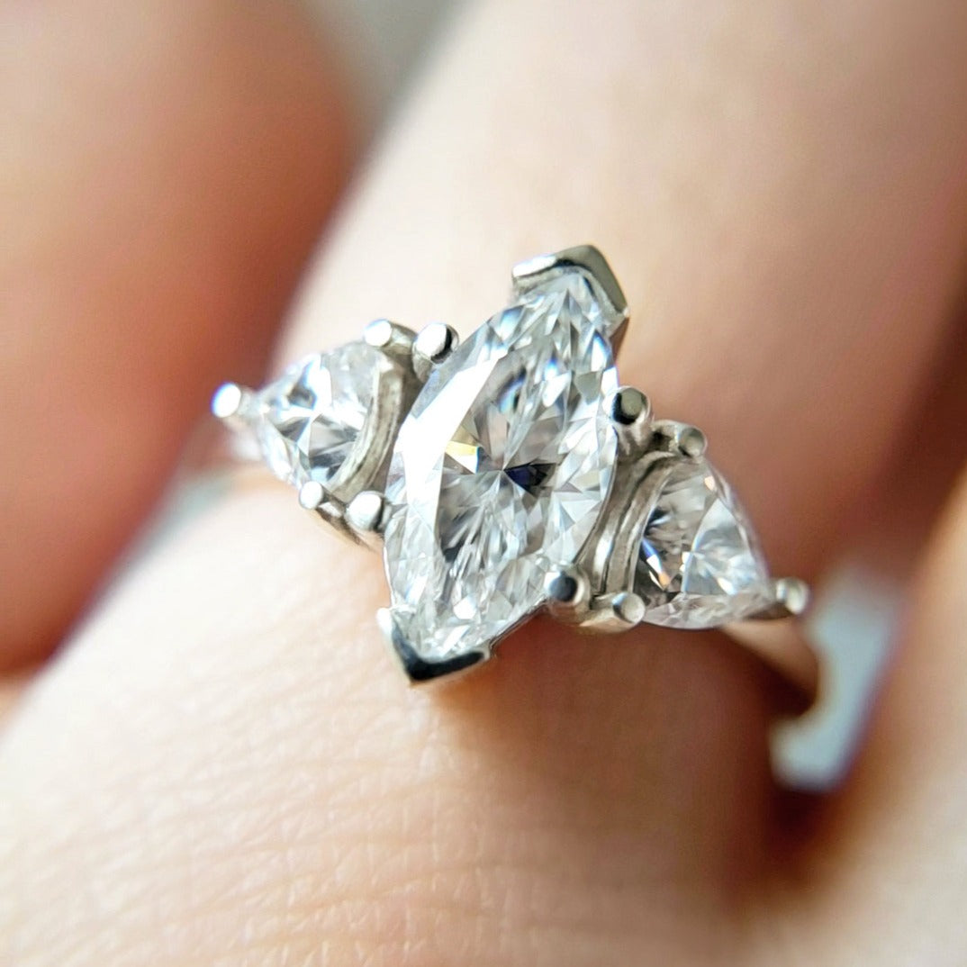 1.0 Carats Marquise Shape Moissanite Three Stone Engagement Ring