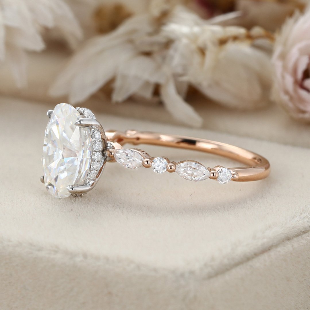 2.50 Carats Oval Shape Moissanite Hidden Halo & Pave Engagement Ring