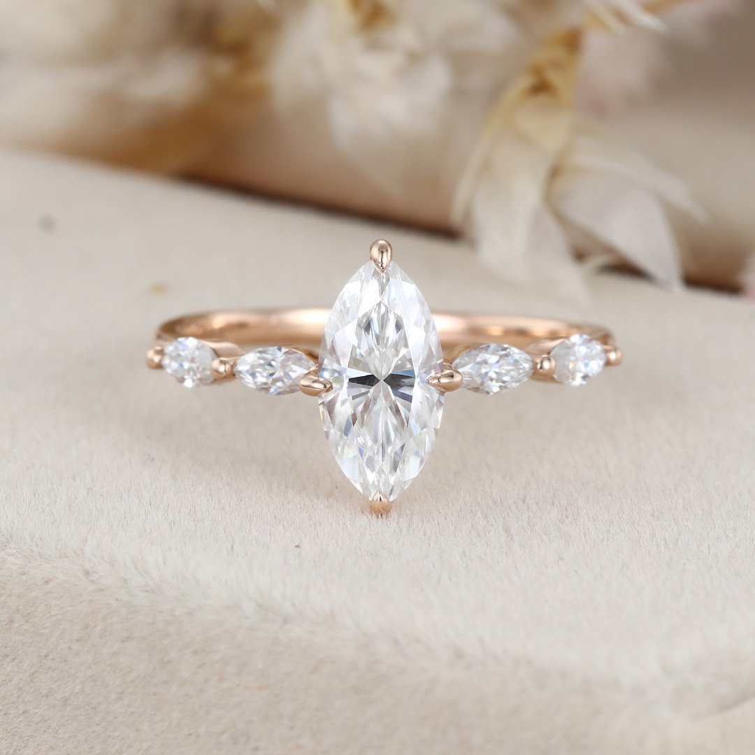 1.0 Carats Marquise Shape Moissanite Pave Engagement Ring