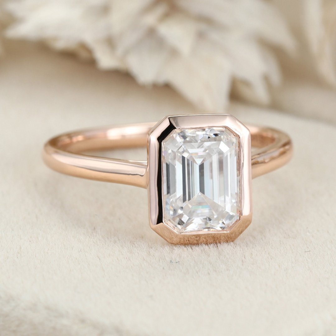 2.0 Carats Emerald Shape Moissanite Bezel Solitaire Engagement Ring