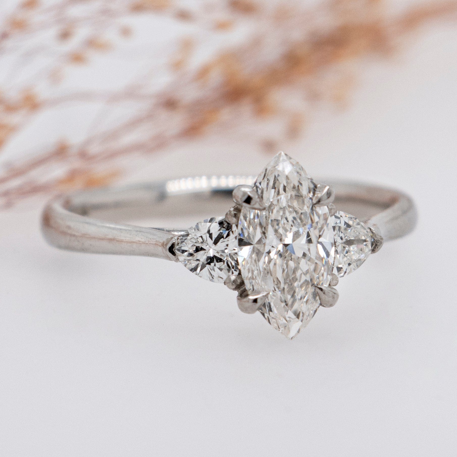 0.90 Carats Marquise Shape Moissanite Three Stone Engagement Ring