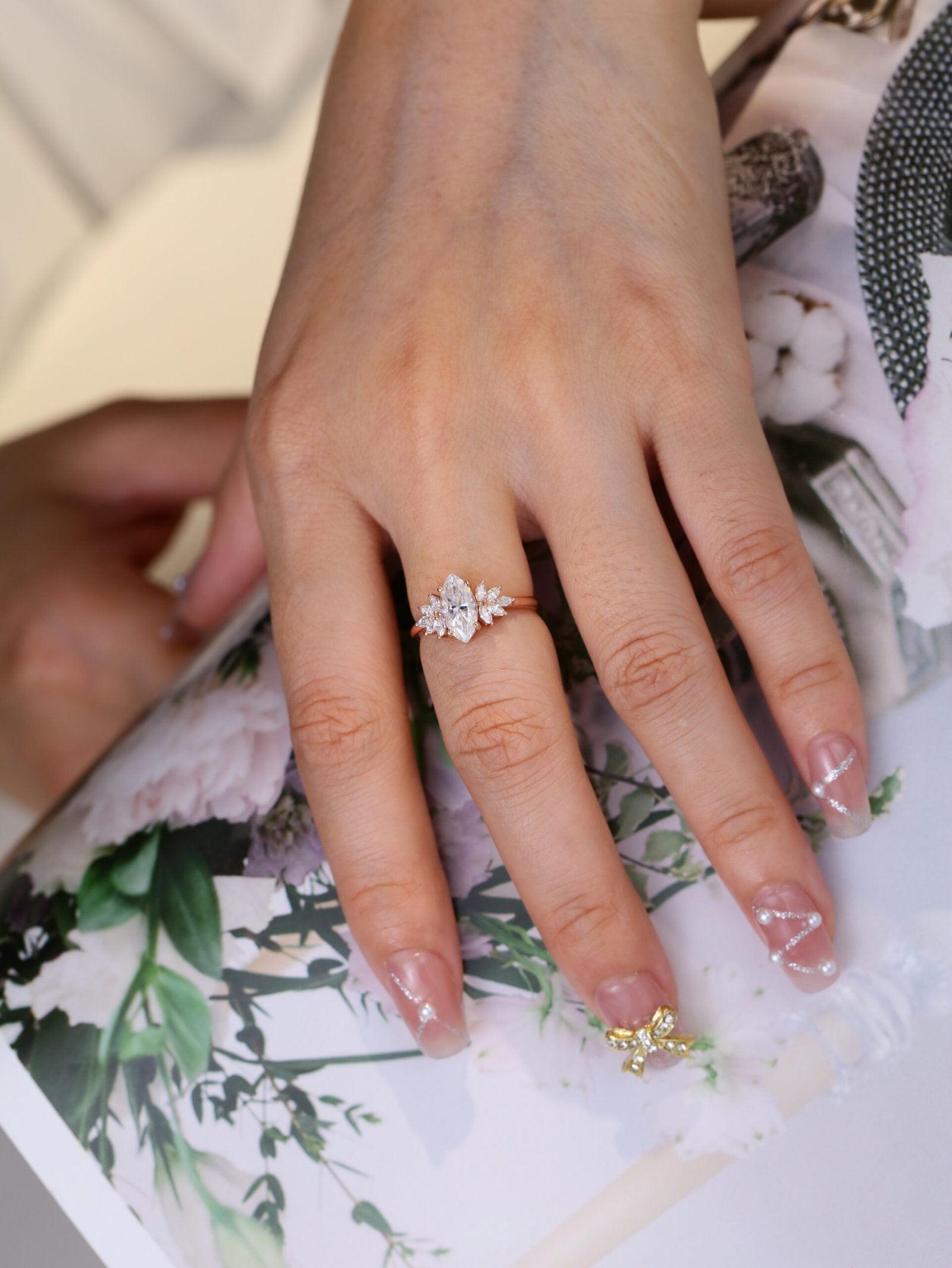 1.0 Carats Marquise Shape Moissanite Cluster Engagement Ring