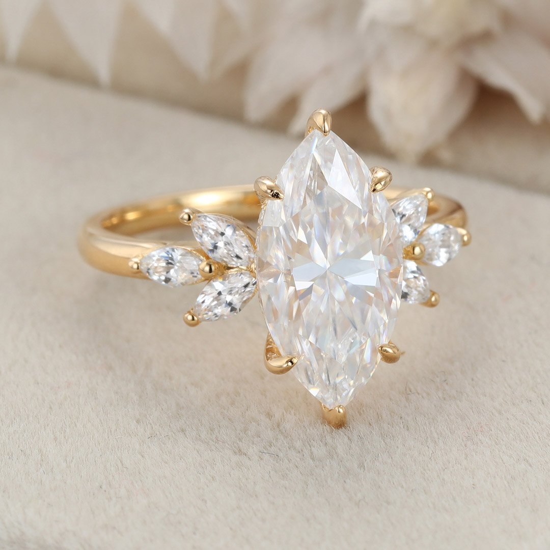 3.0 Carats Marquise Shape Moissanite Cluster Engagement Ring