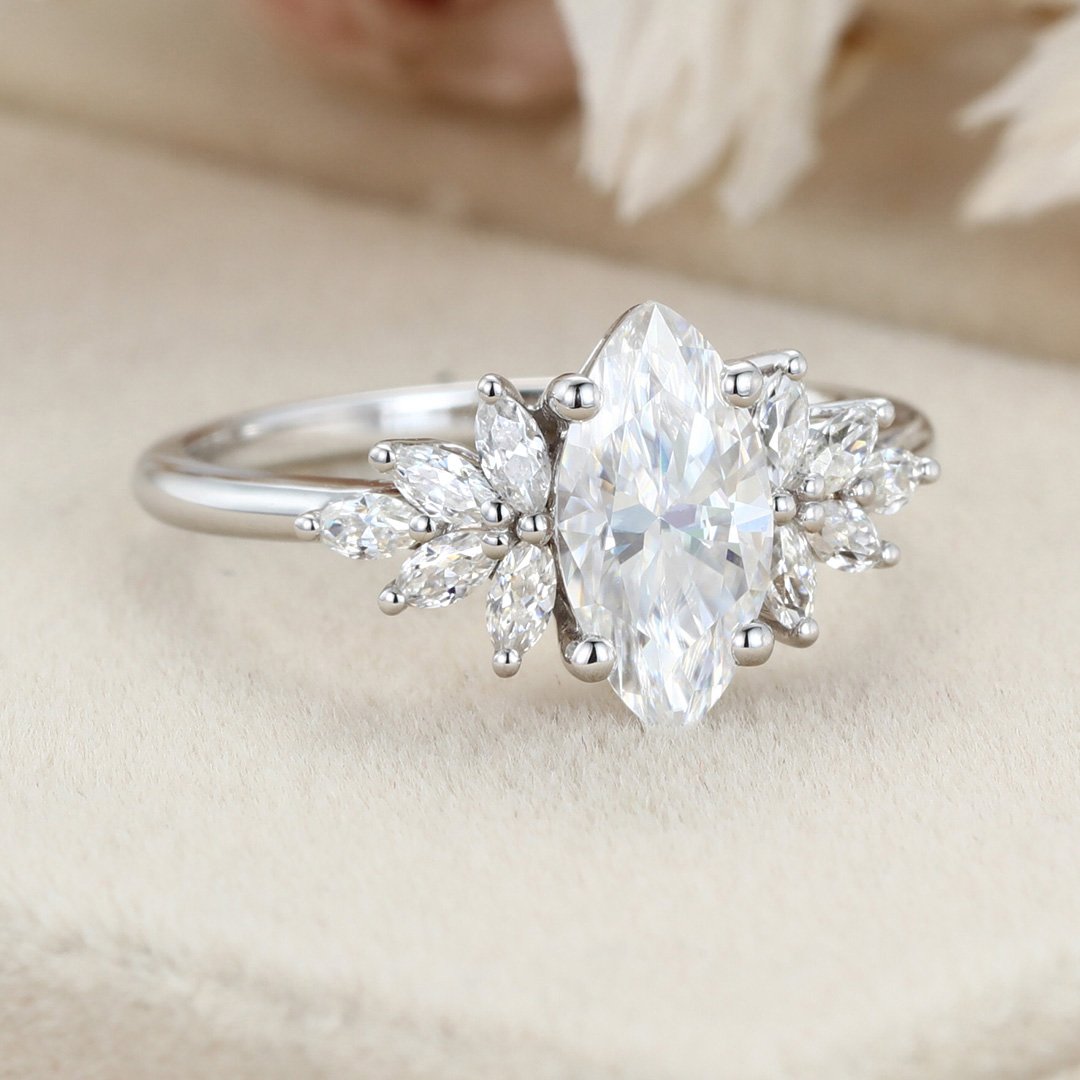1.0 Carats Marquise Shape Moissanite Cluster Engagement Ring