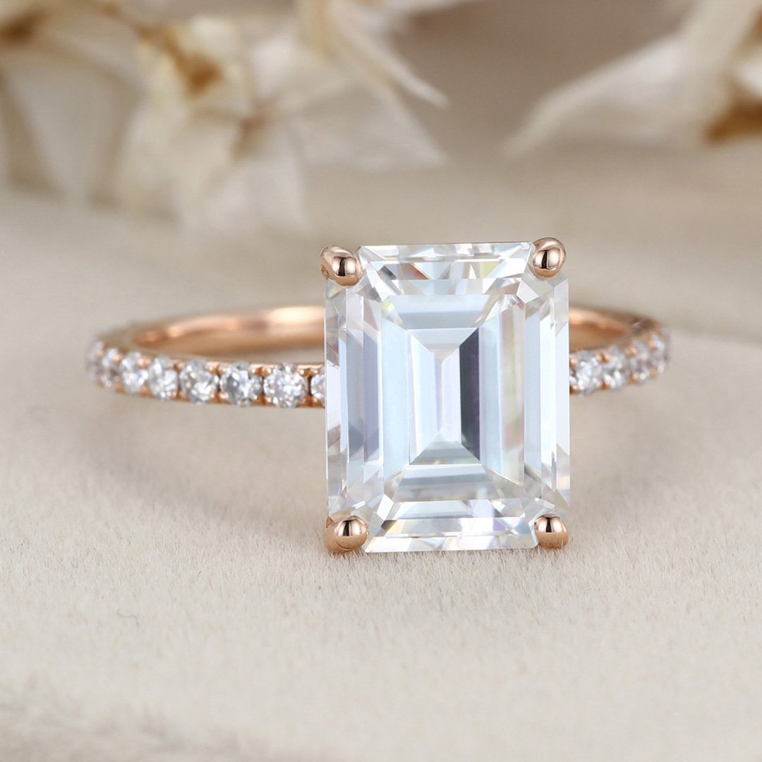 4.0 Carats Emerald Shape Moissanite Pave Engagement Ring