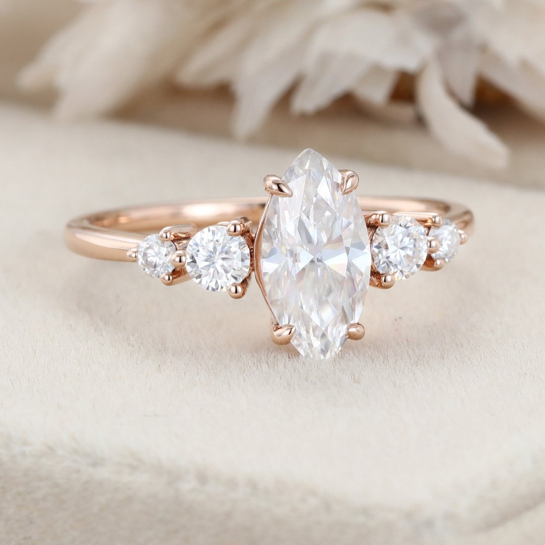 1.0 Carats Marquise Shape Moissanite Five Stone Engagement Ring