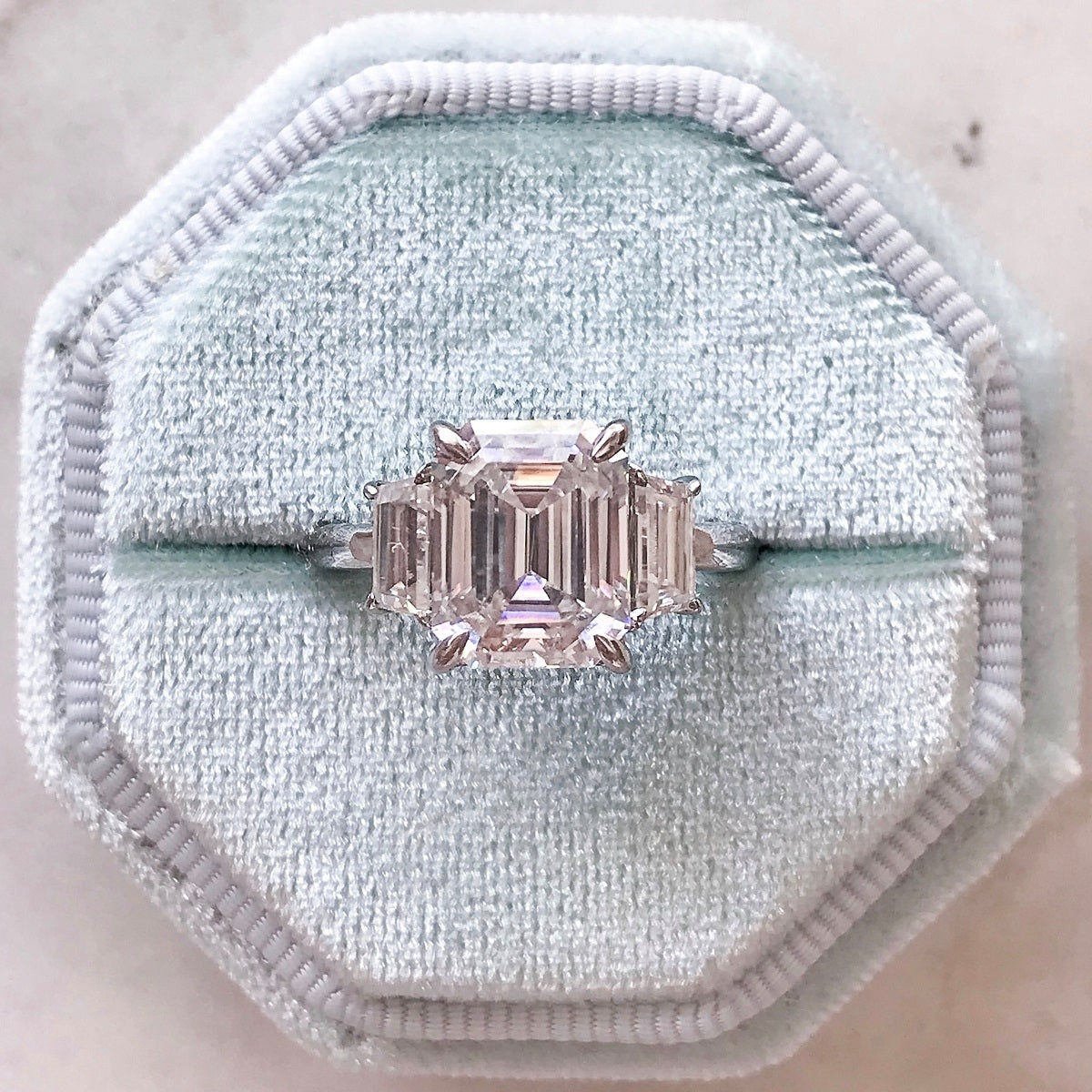 4.50 Carats Emerald Shape Moissanite Three Stone Engagement Ring