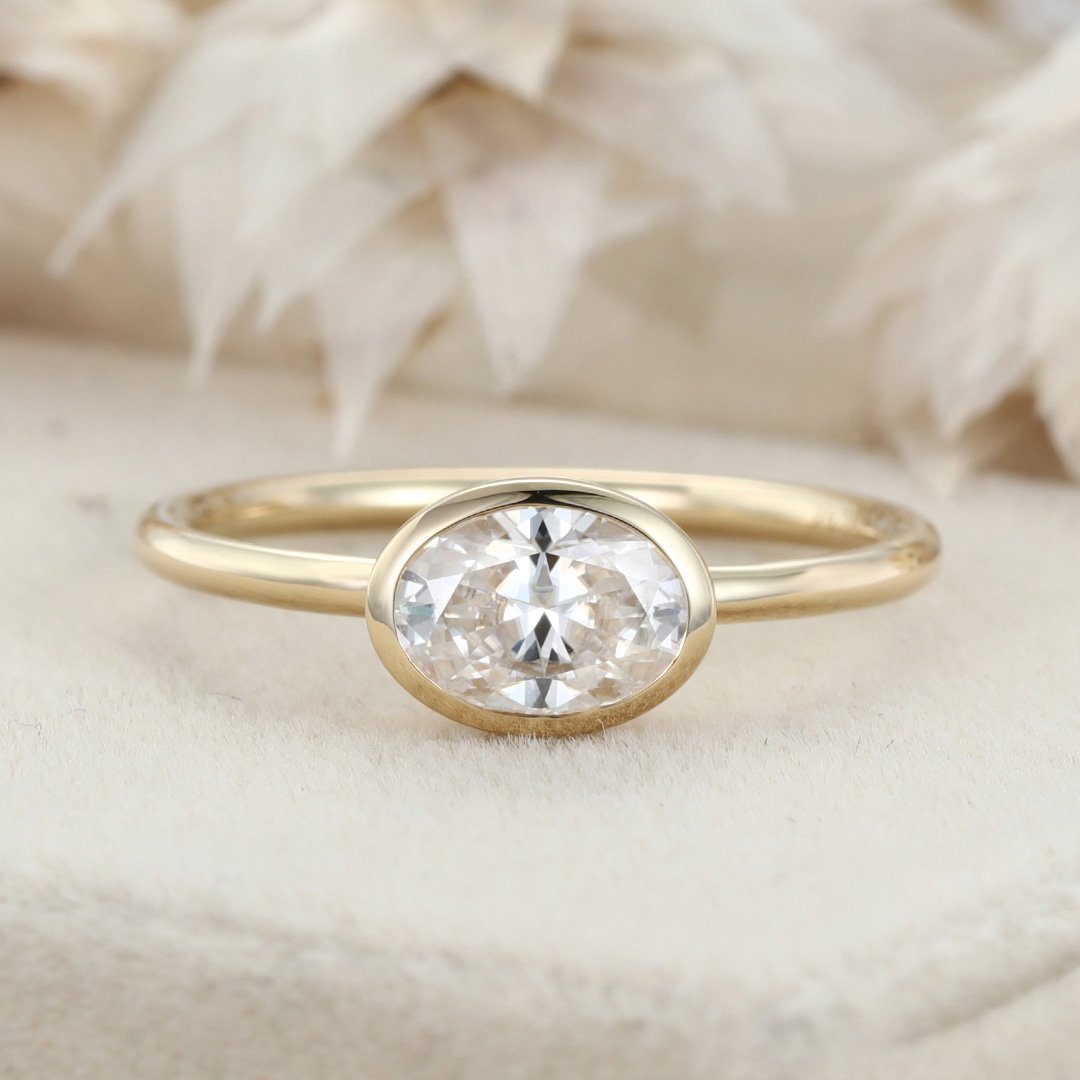 1.0 Carats East West Oval Shape Moissanite Bezel Solitaire Engagement Ring