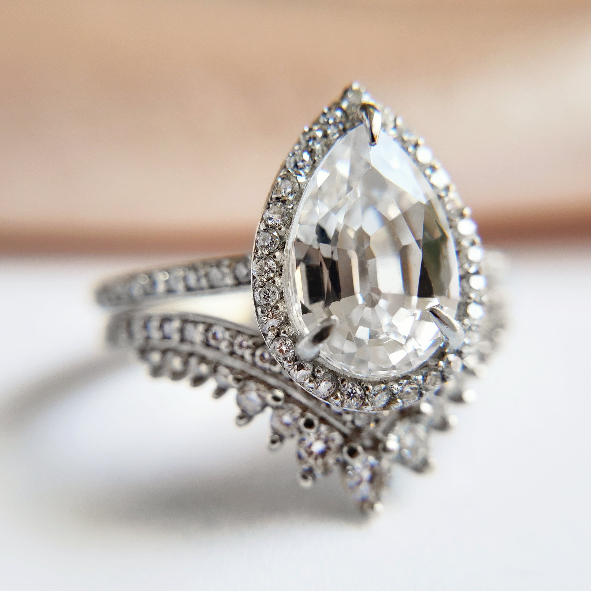 2.10 Carats Pear Shape Moissanite Halo & Pave Engagement Ring