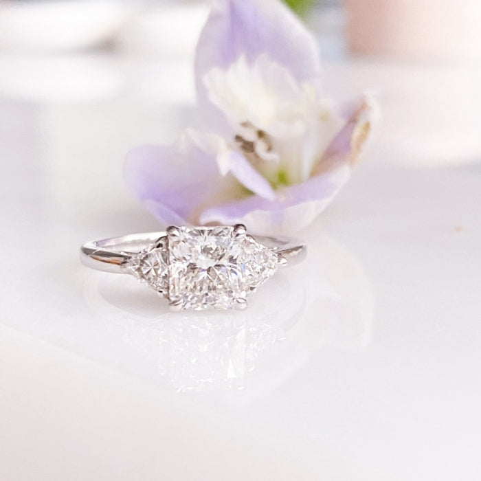 1.29 Carats Radiant Shape Moissanite Three Stone Engagement Ring