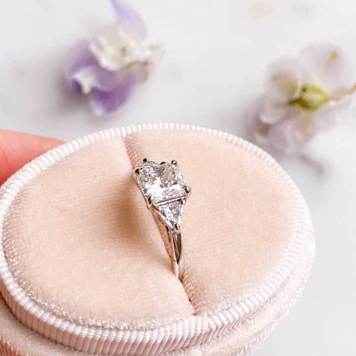 1.29 Carats Radiant Shape Moissanite Three Stone Engagement Ring