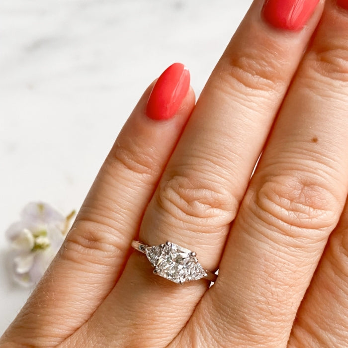 1.29 Carats Radiant Shape Moissanite Three Stone Engagement Ring