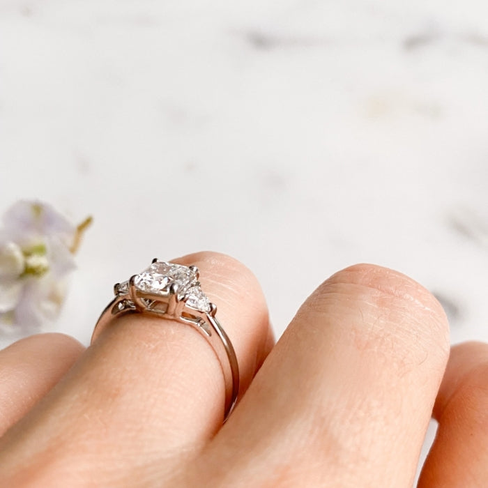 1.29 Carats Radiant Shape Moissanite Three Stone Engagement Ring