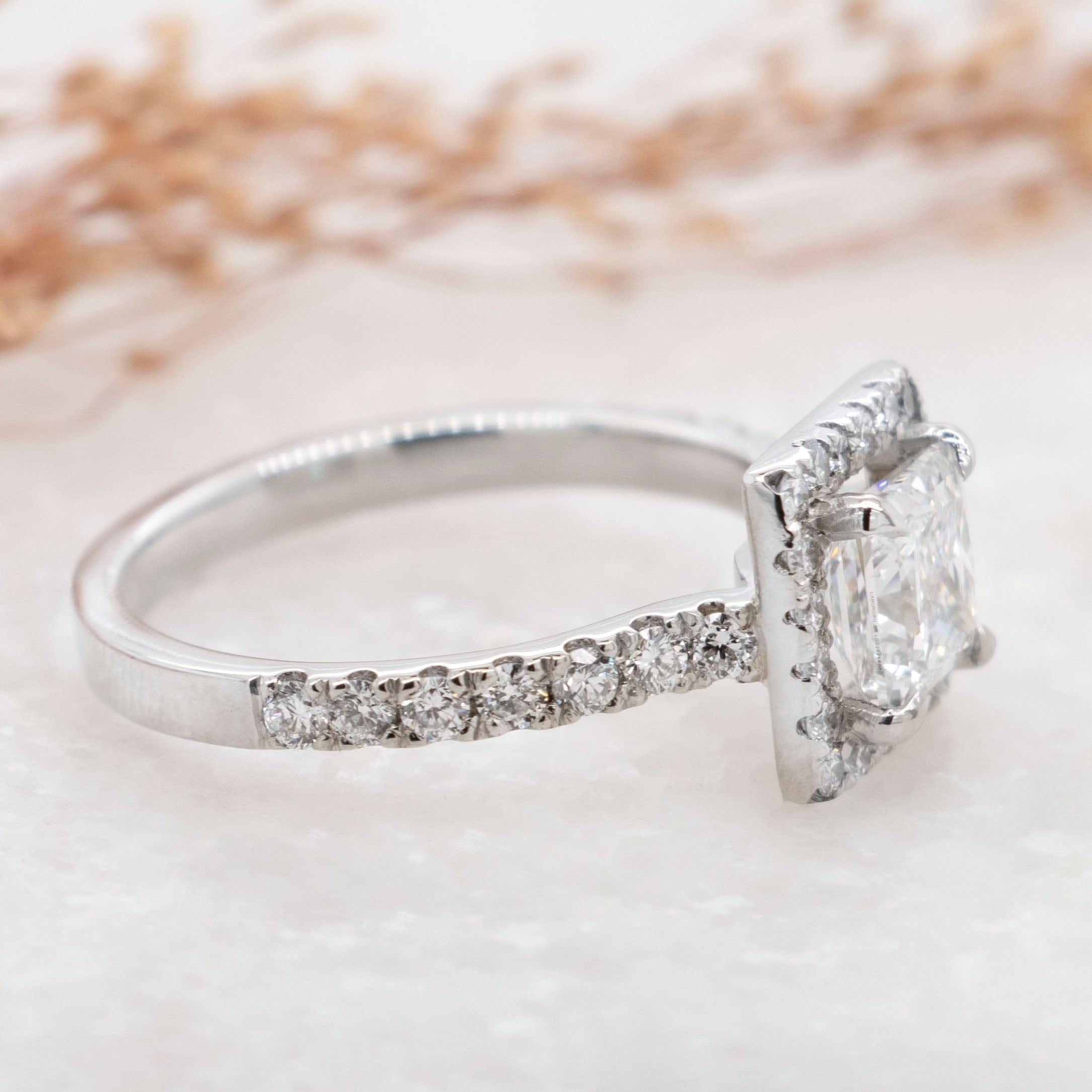 1.03 Carats Princess Shape Moissanite Halo & Pave Engagement Ring