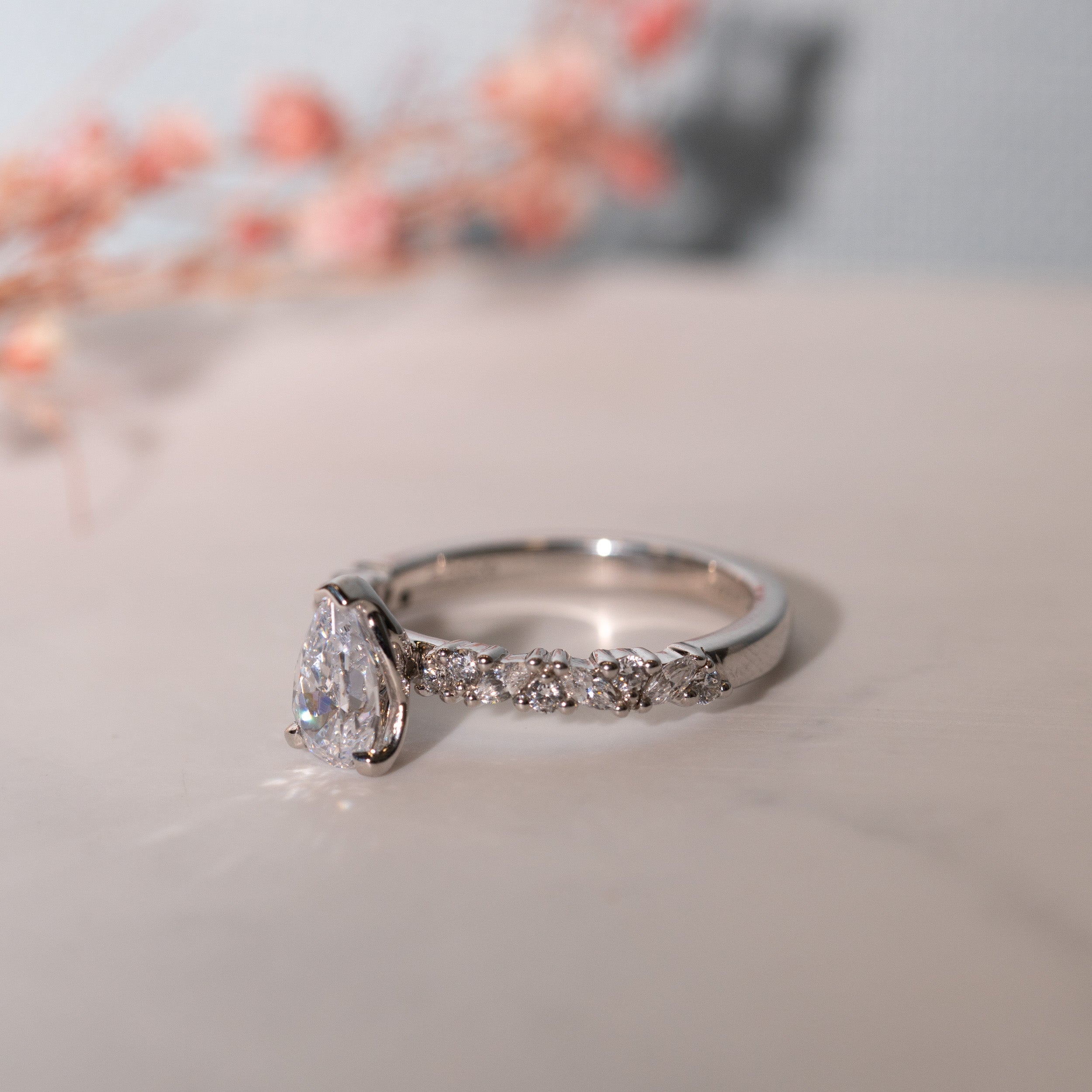 1.09 Carats Pear Shape Moissanite Pave Engagement Ring