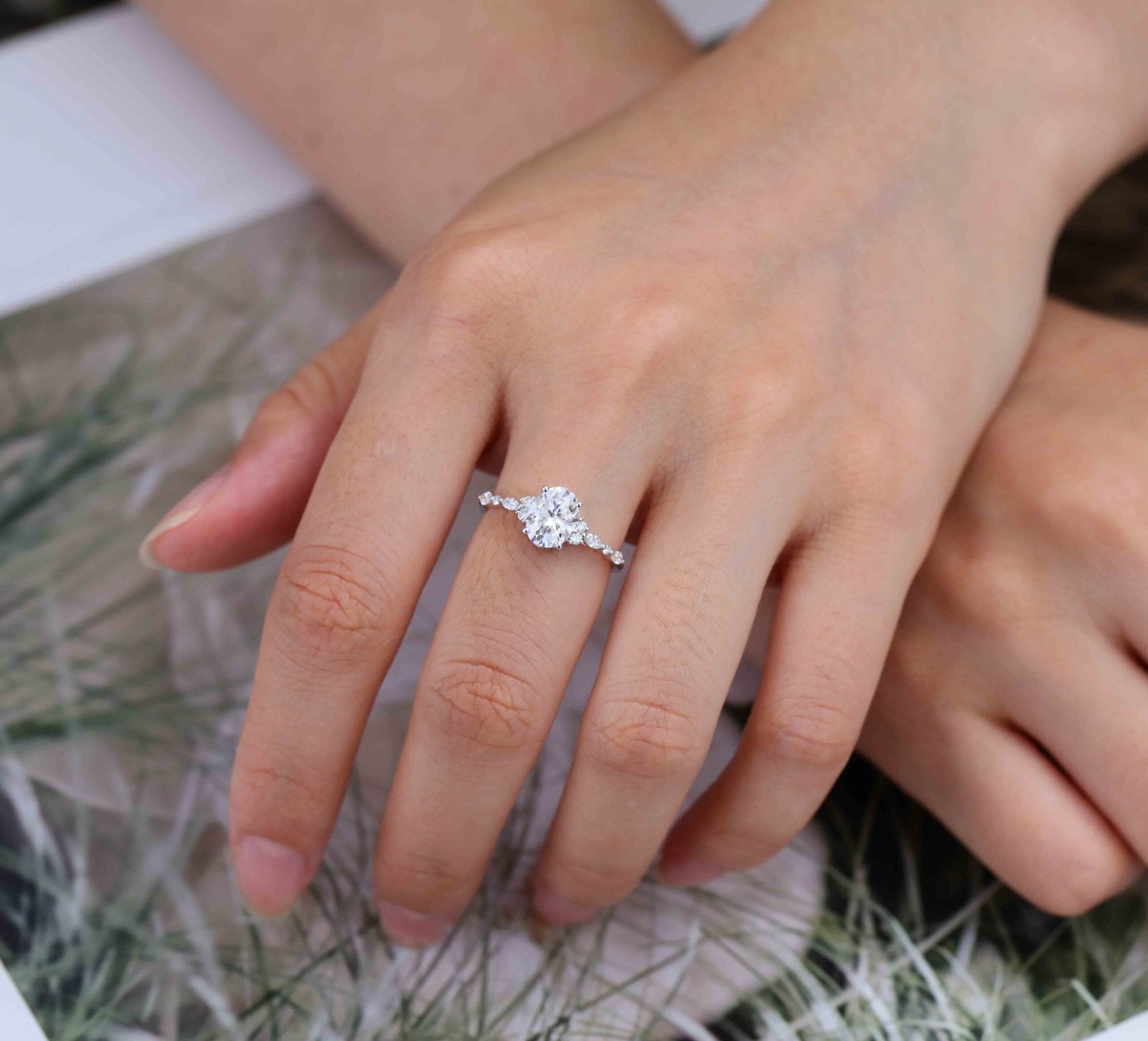 1.50 Carats Oval Shape Moissanite Cluster Engagement Ring