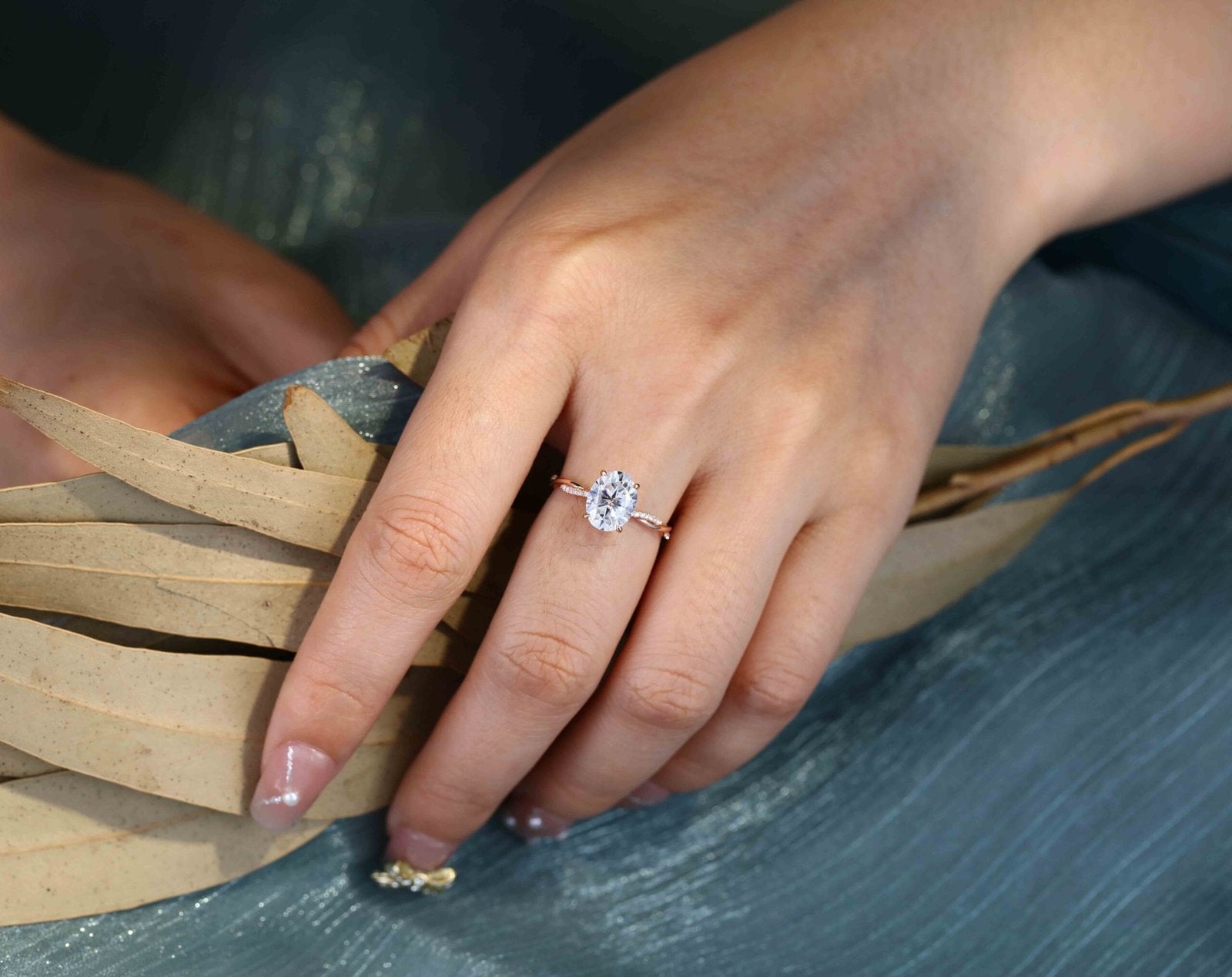 2.0 Carats Oval Shape Moissanite Twisted Pave Engagement Ring