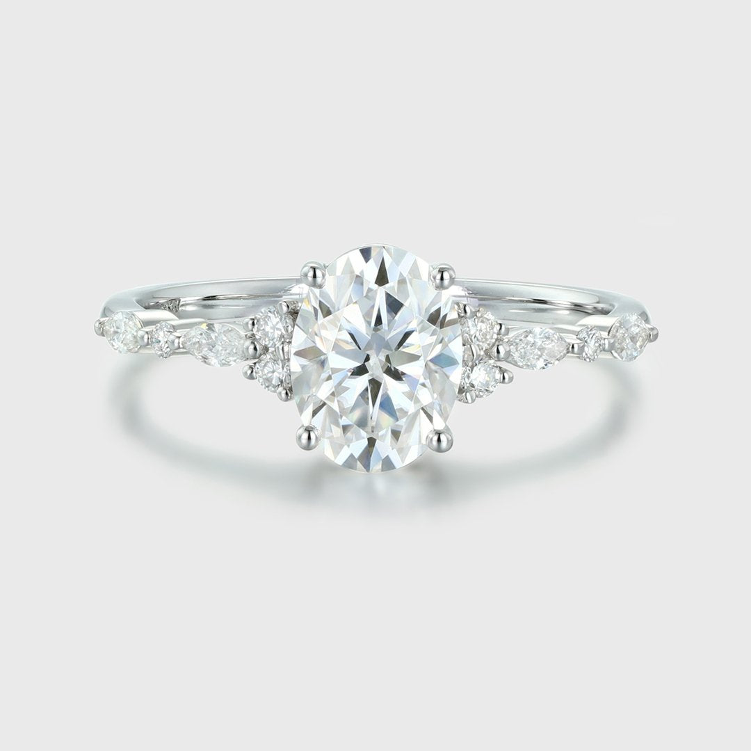 1.50 Carats Oval Shape Moissanite Cluster Engagement Ring