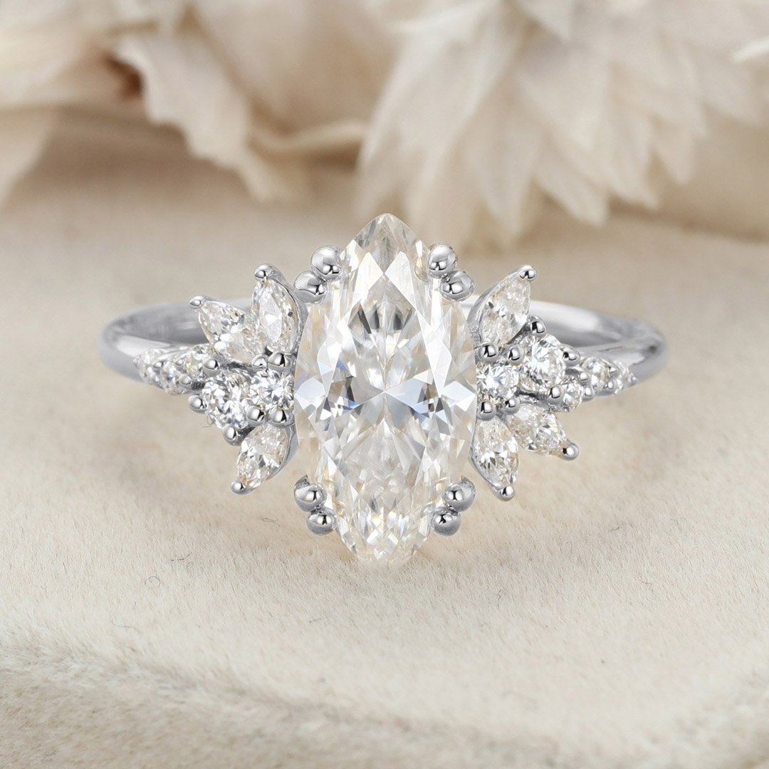 1.70 Carats Marquise Shape Moissanite Cluster Engagement Ring
