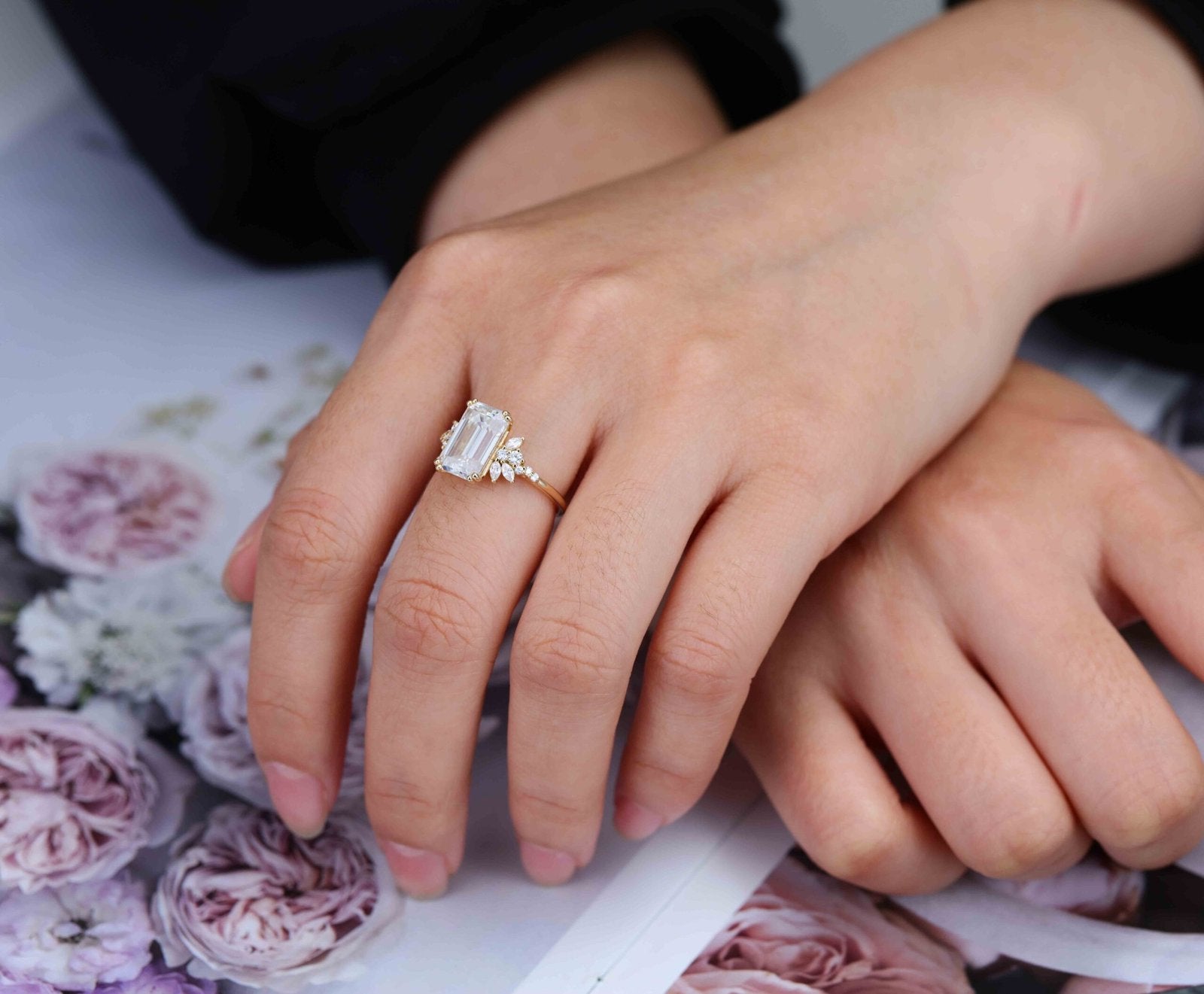 3.40 Carats Emerald Shape Moissanite Cluster Engagement Ring
