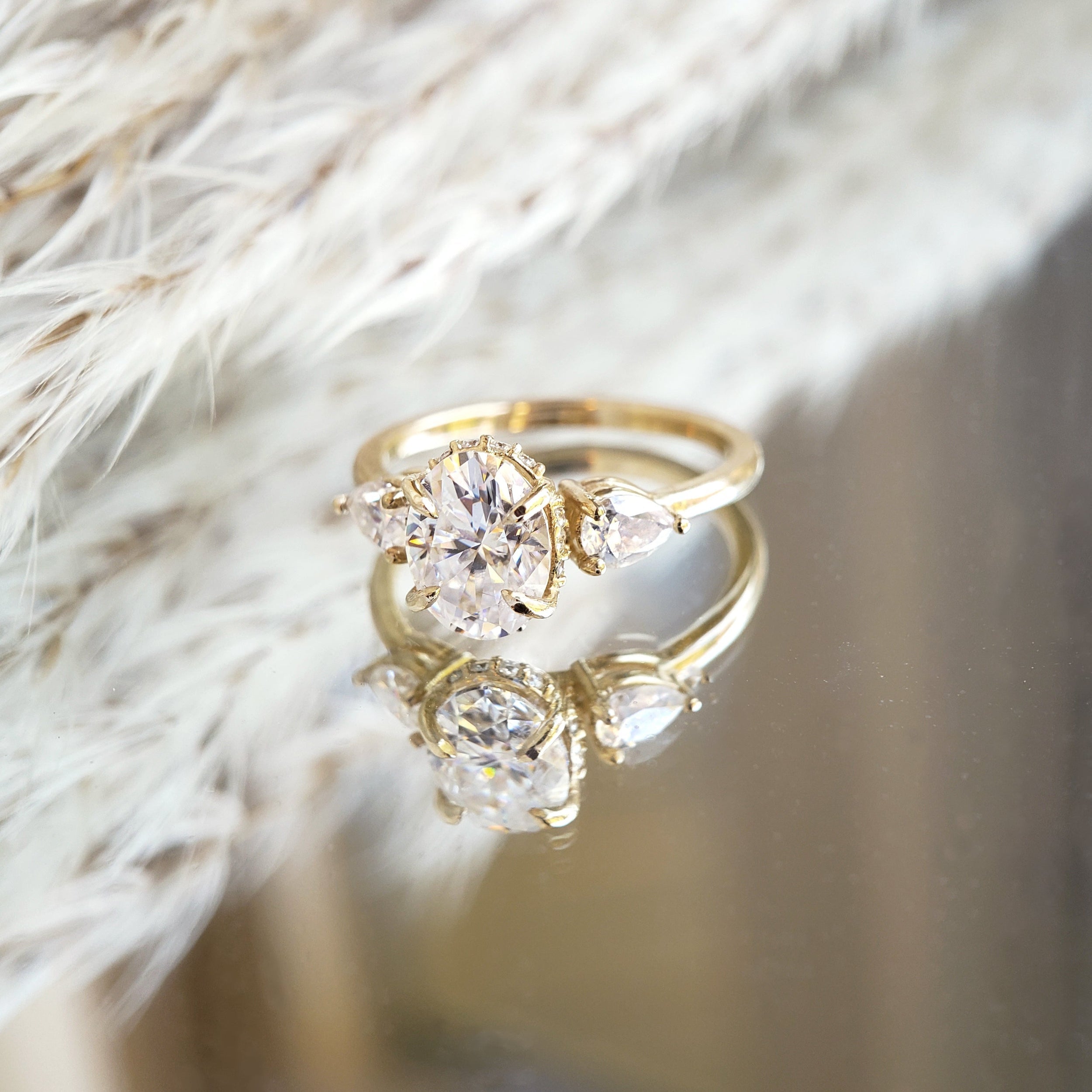 1.25 Carats Oval Shape Moissanite Three Stone Engagement Ring