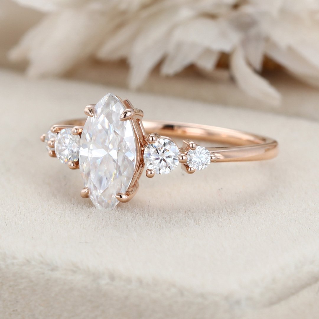 1.0 Carats Marquise Shape Moissanite Five Stone Engagement Ring