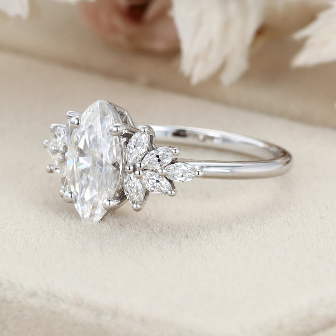 1.0 Carats Marquise Shape Moissanite Cluster Engagement Ring