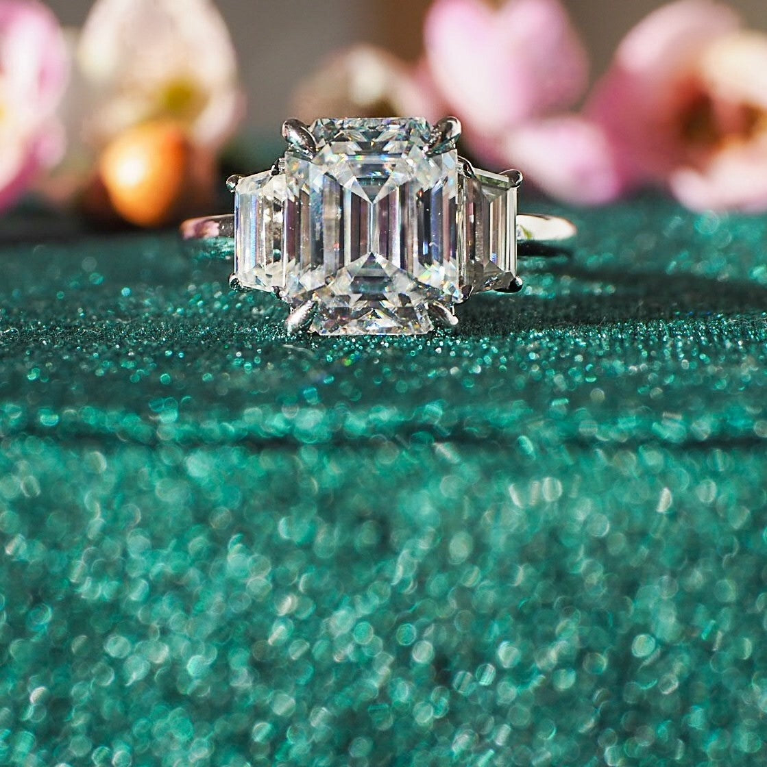 4.50 Carats Emerald Shape Moissanite Three Stone Engagement Ring