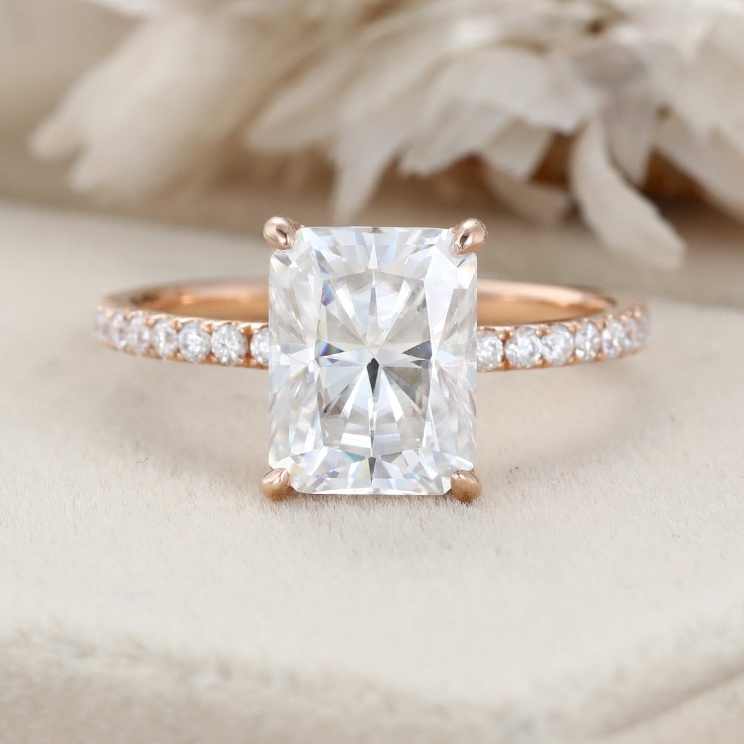3.0 Carats Radiant Shape Moissanite Hidden Halo & Pave Engagement Ring