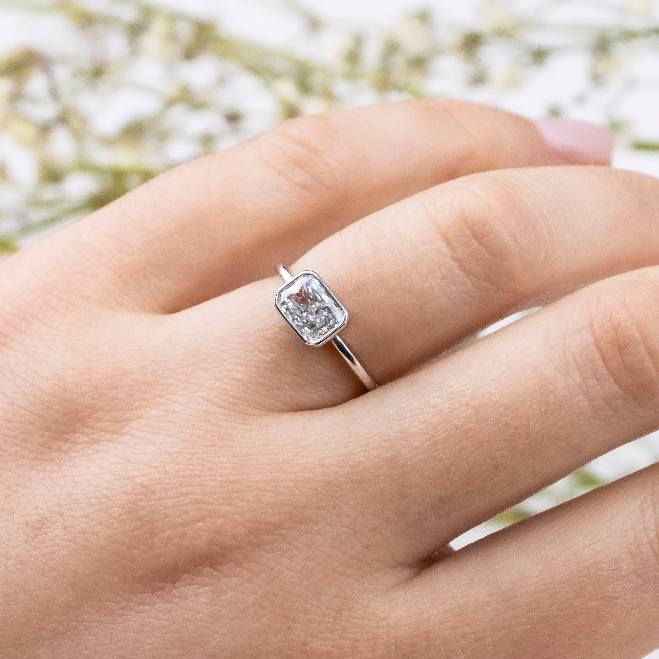 1.0 Carats East-West Radiant Shape Moissanite Solitaire Engagement Ring