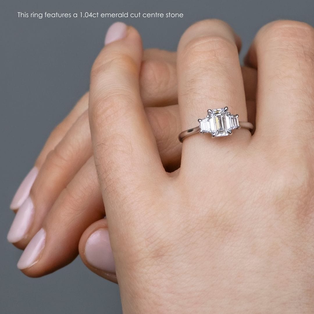 1.04 Carats Emerald Shape Moissanite Three Stone Engagement Ring