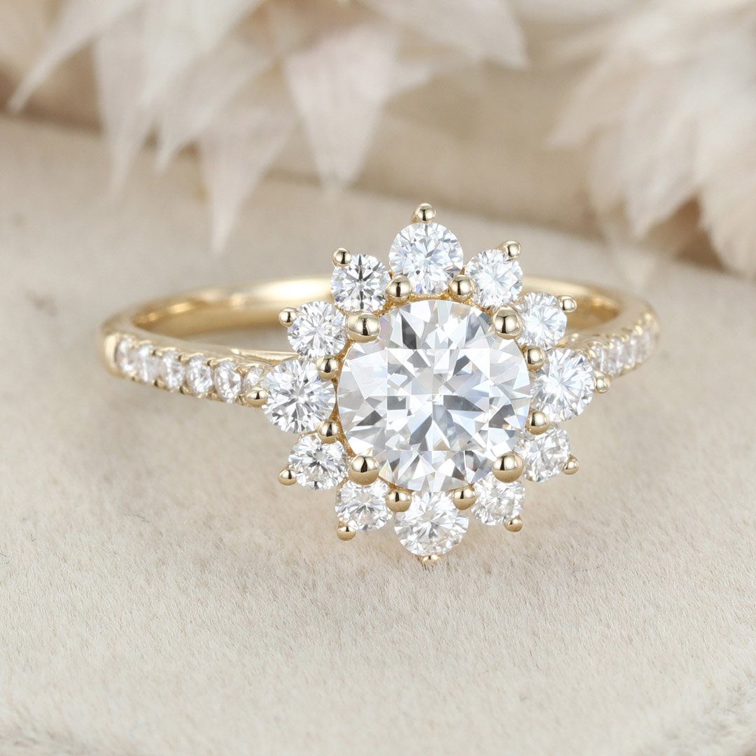 1.0 Carats Round Shape Moissanite Halo & Pave Engagement Ring