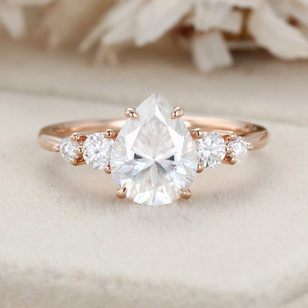 2.0 Carats Pear Shape Moissanite Five Stone Engagement Ring