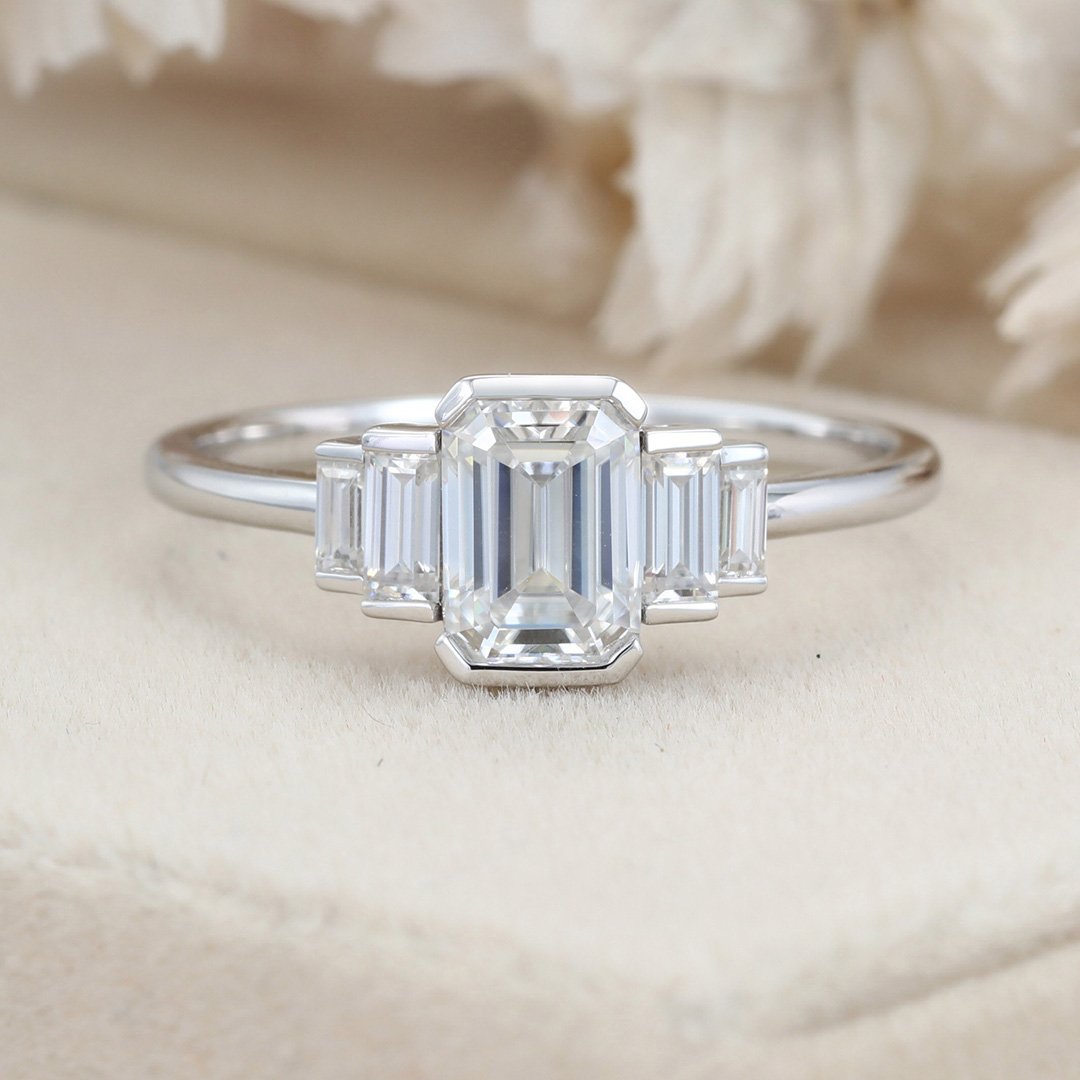 1.0 Carats Emerald Shape Moissanite Five Stone Engagement Ring