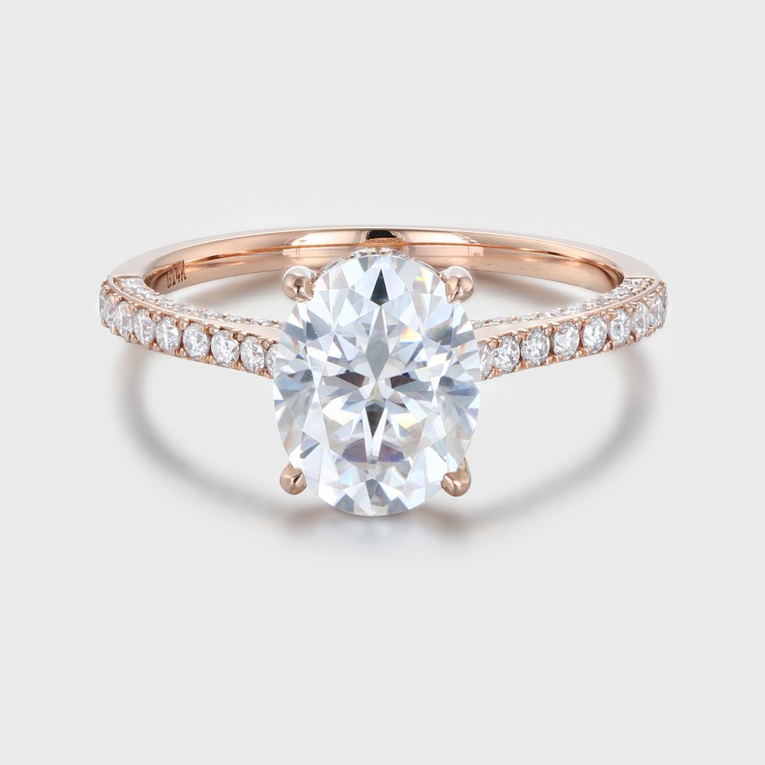 2.0 Carats Oval Shape Moissanite Hidden Halo & Pave Engagement Ring