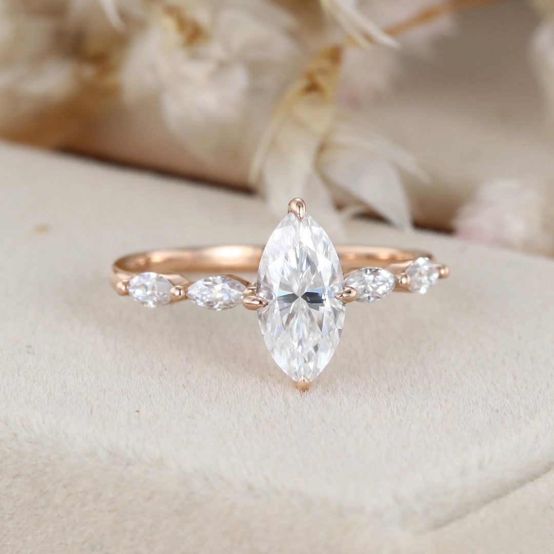 1.0 Carats Marquise Shape Moissanite Pave Engagement Ring