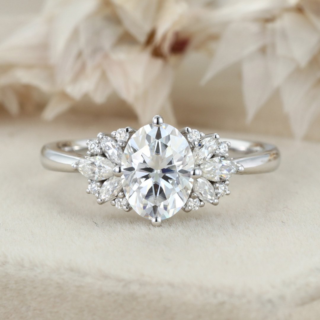 2.0 Carats Oval Shape Moissanite Cluster Engagement Ring