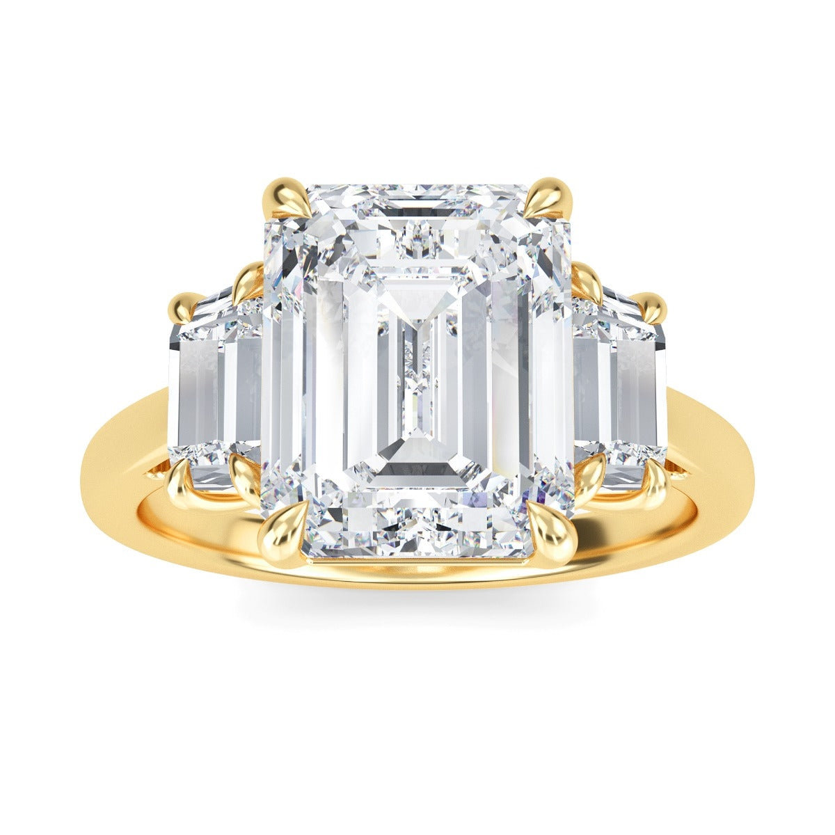 4.50 Carats Emerald Shape Moissanite Three Stone Engagement Ring