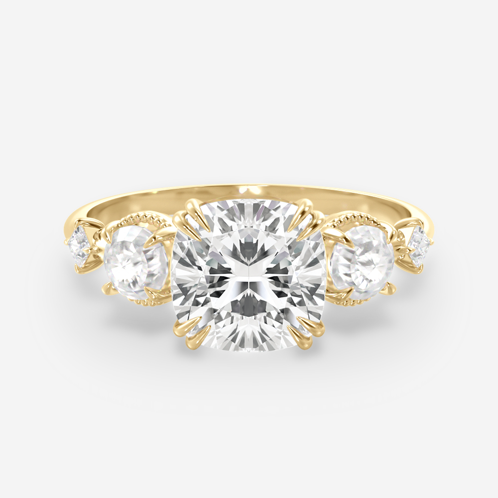 2.0 Carats Rose Cut Cushion Shape Moissanite Five Stone Engagement Ring