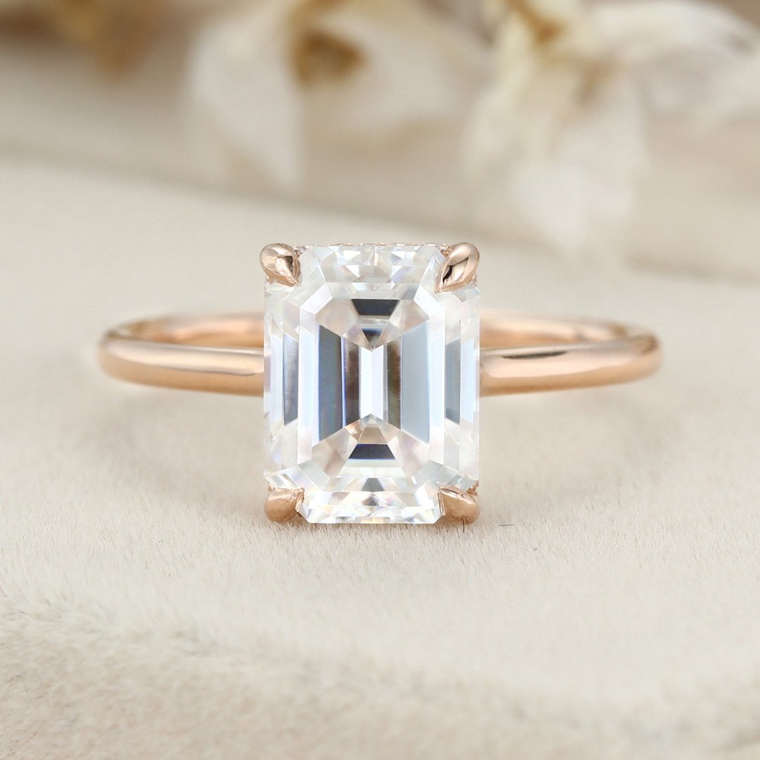 2.5 Carats Emerald Shape Moissanite Hidden Halo Engagement Ring
