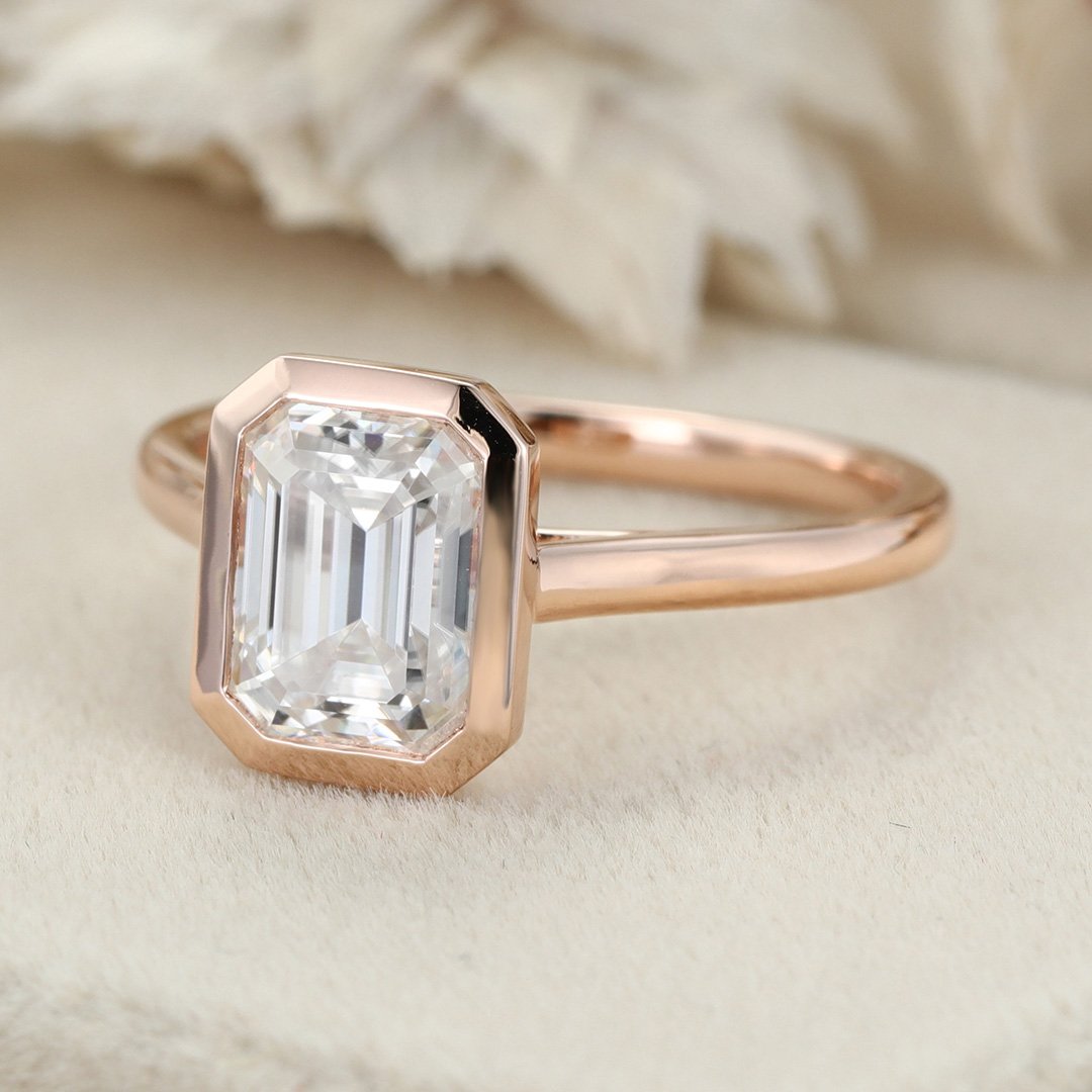 2.0 Carats Emerald Shape Moissanite Bezel Solitaire Engagement Ring