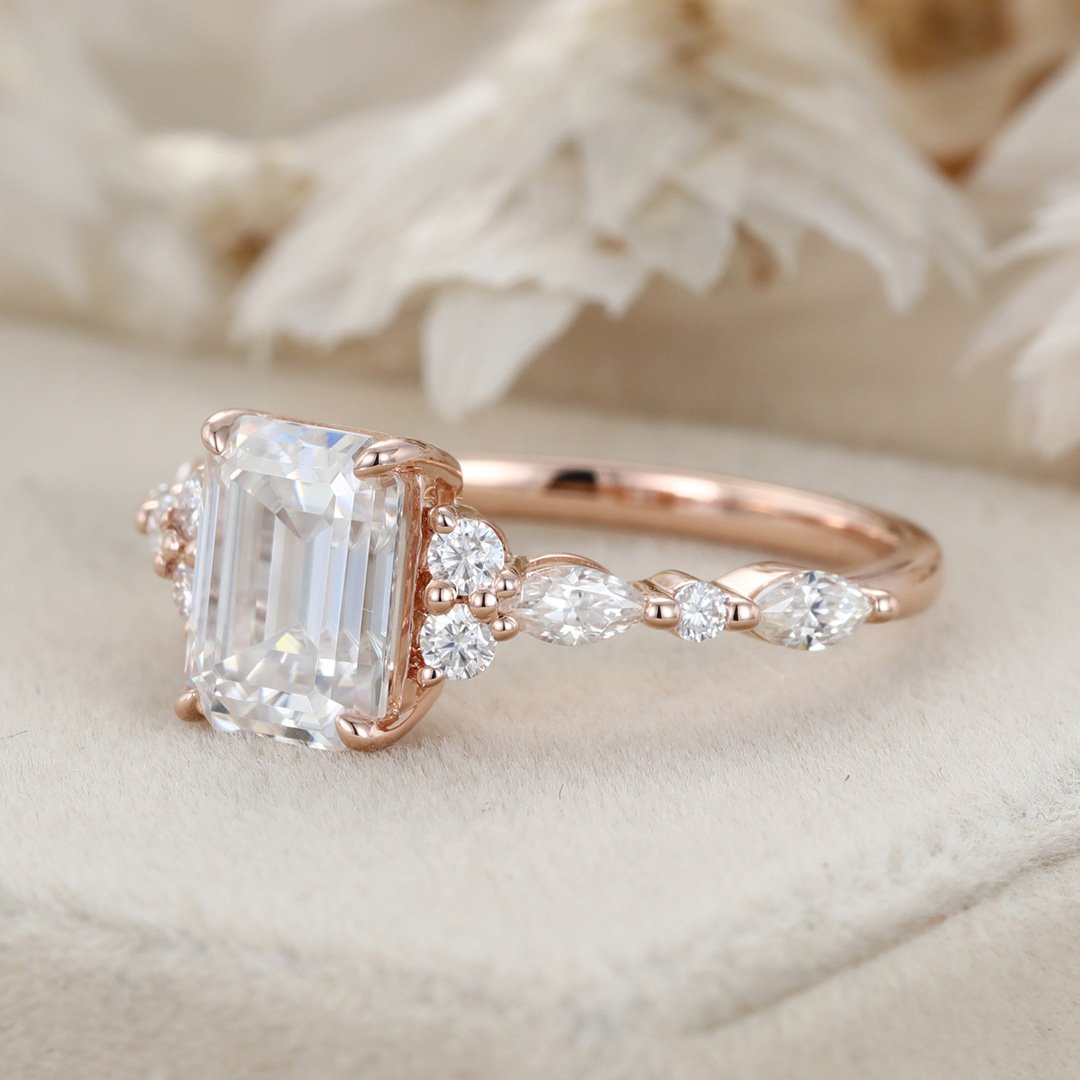 2.0 Carats Emerald Shape Moissanite Cluster & Pave Engagement Ring