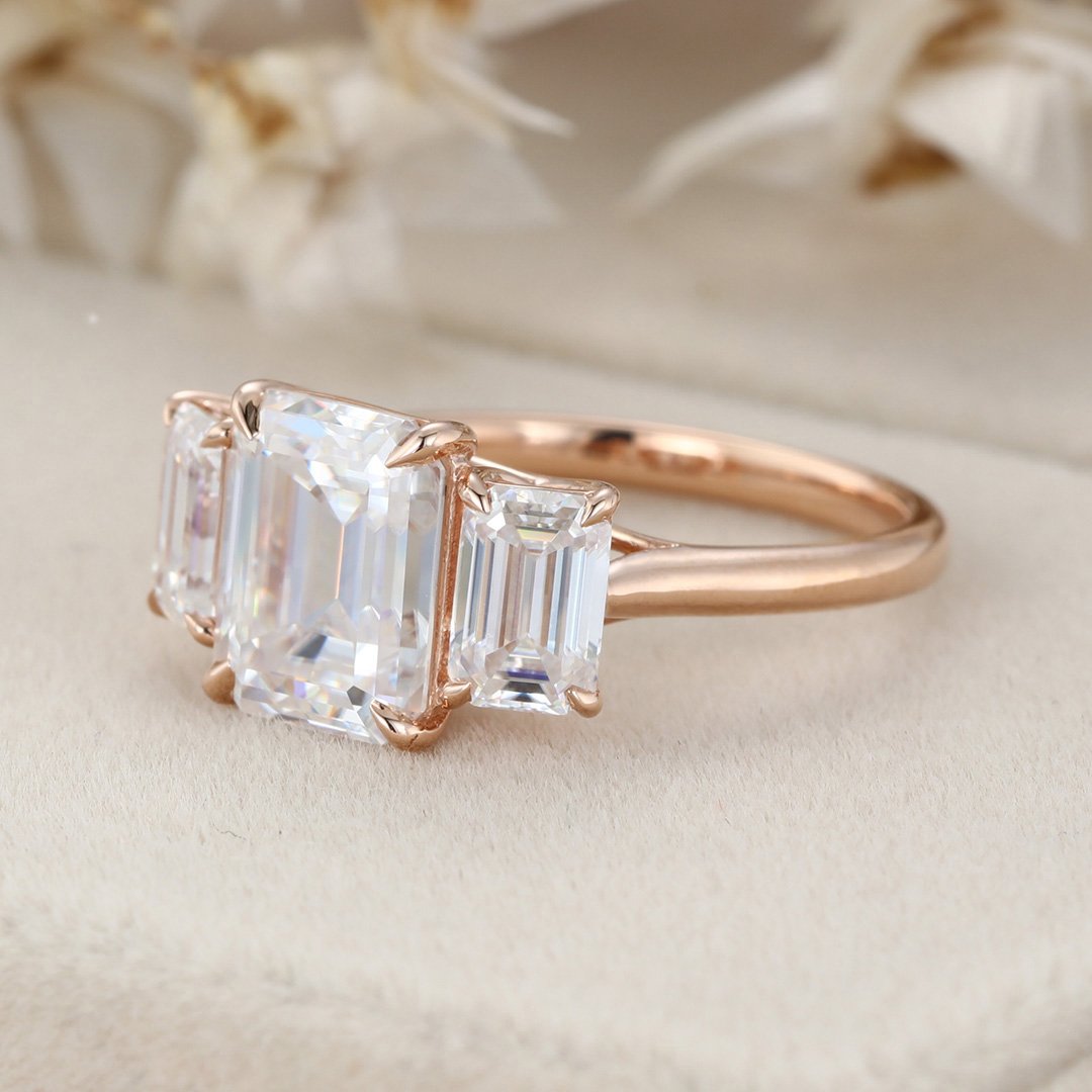 2.5 Carats Emerald Shape Moissanite Three Stone Engagement Ring
