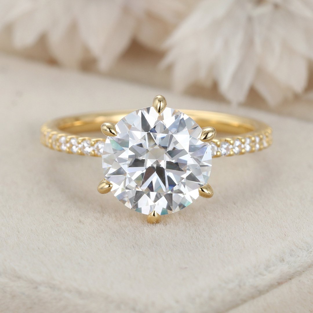 3.0 Carats Round Shape Moissanite Hidden Halo & Pave Engagement Ring