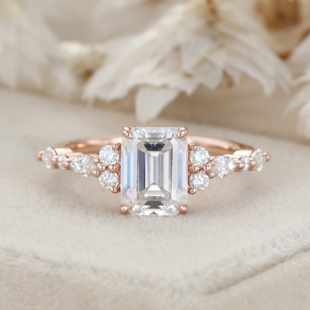 2.0 Carats Emerald Shape Moissanite Cluster & Pave Engagement Ring