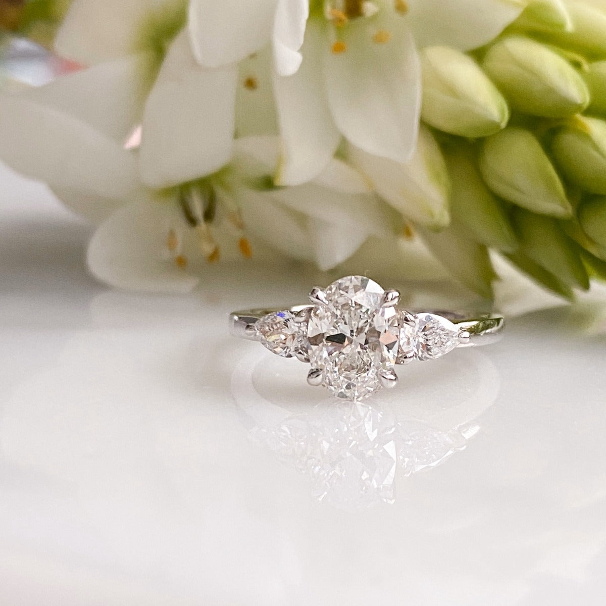 1.16 Carats Oval Shape Moissanite Three Stone Engagement Ring
