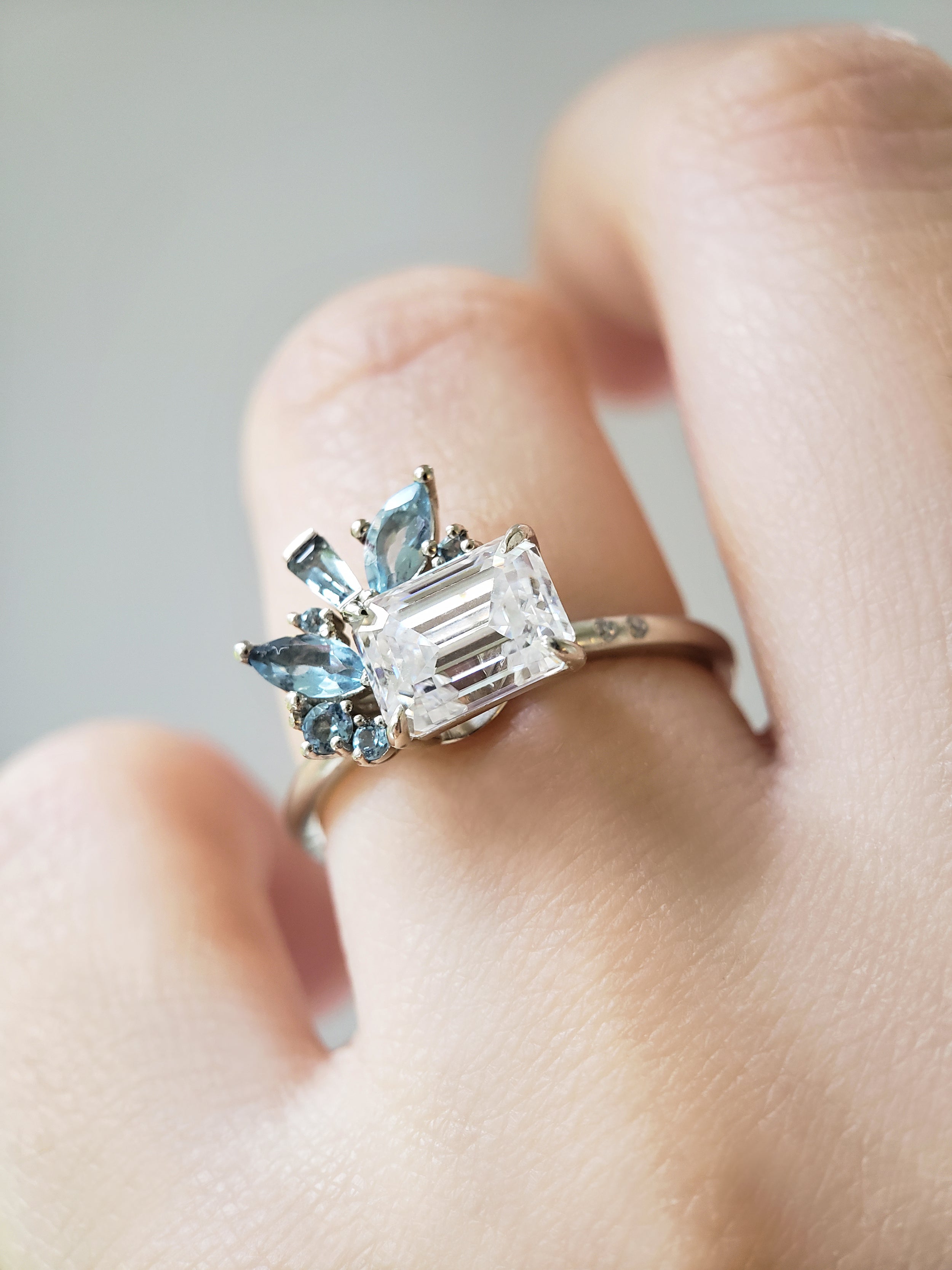 1.75 Carats Emerald Shape Moissanite Cluster Engagement Ring