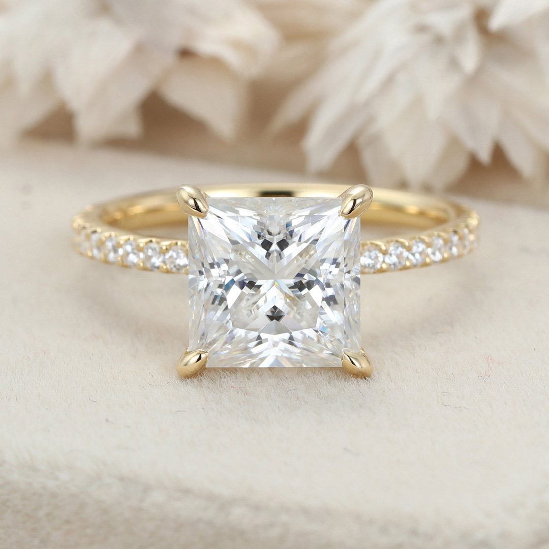 3.0 Carats Princess Shape Moissanite Hidden Halo & Pave Engagement Ring
