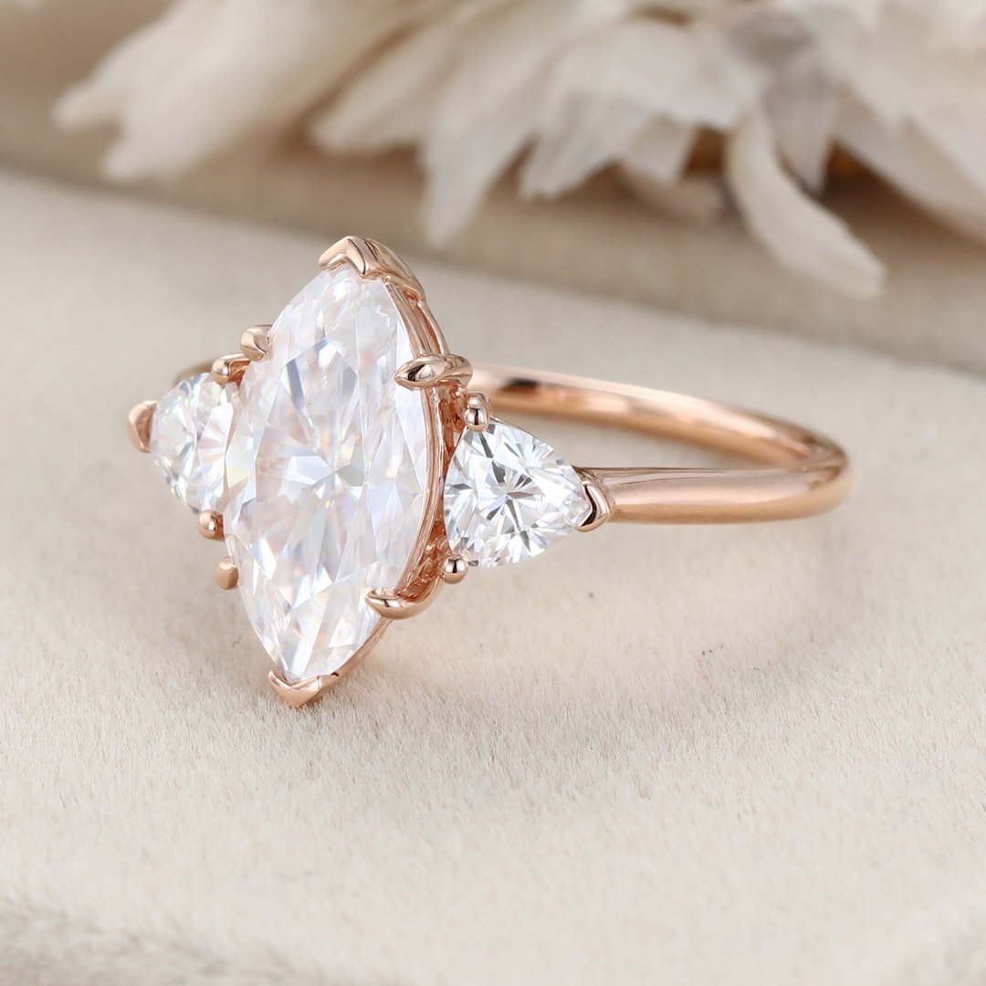 2.0 Carats Marquise Shape Moissanite Three Stone Engagement Ring