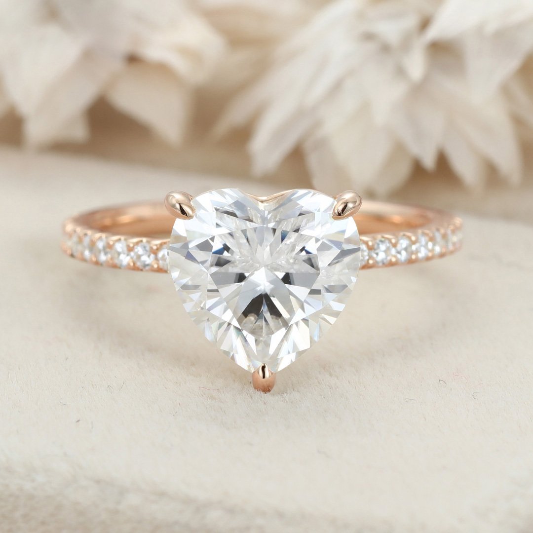 3.0 Carats Heart Shape Moissanite Hidden Halo & Pave Engagement Ring
